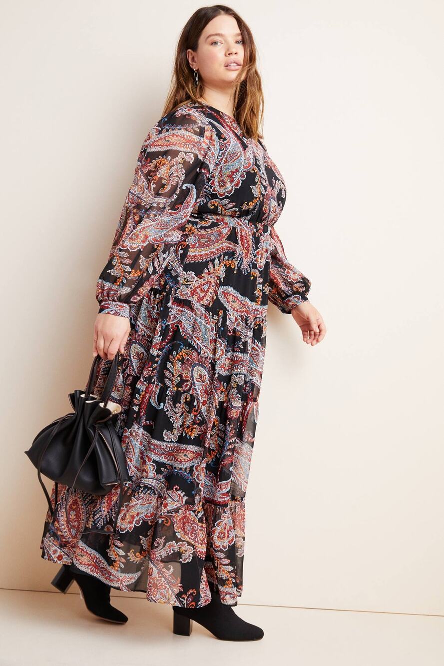 New Anthropologie Paisley Long Sleeve Maxi Dress $178 PLUS 16W Black Motif